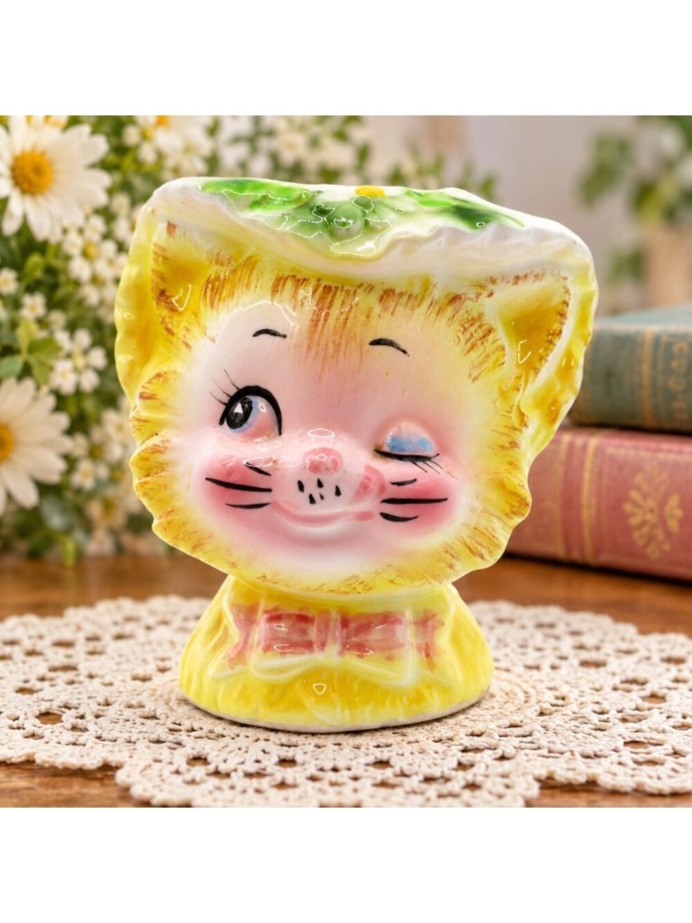 Vintage 1950s Enesco Japan Winking Cat Planter Yellow Kitty Kitsch MCM Figurine
